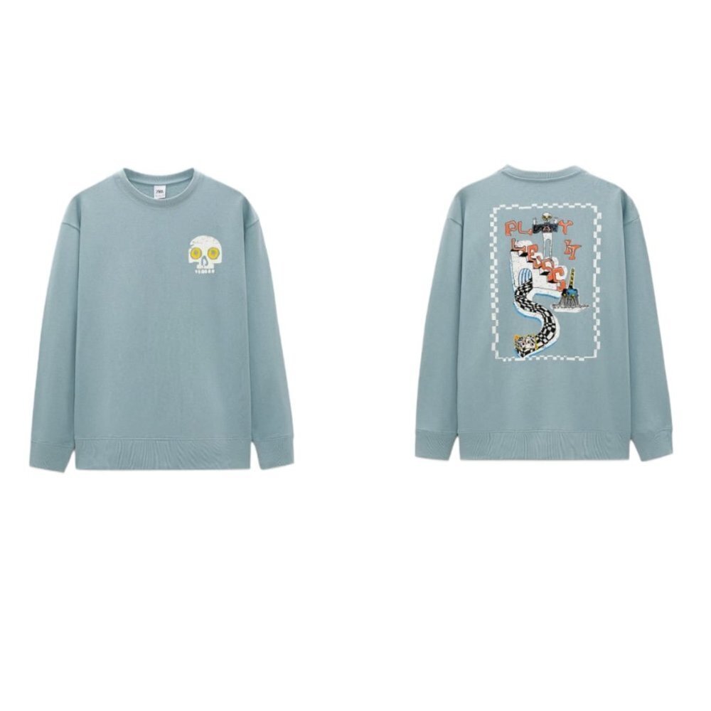 ZARA SKULL PRINT SWEATSHIRT LIGHT BLUE | 0495/417